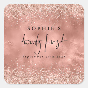 Girly Rose Gold Glitzer Script Name Datum 21. Quadratischer Aufkleber