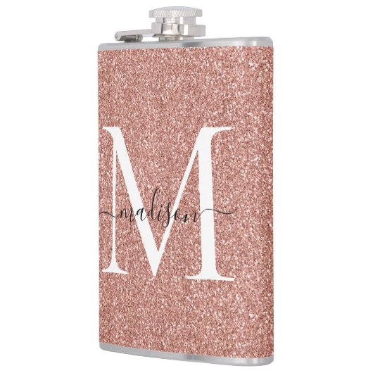 Girly Rose Gold Glitzer Sparkle Stilvolles Monogra Flachmann (Links)
