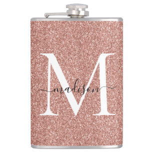 Girly Rose Gold Glitzer Sparkle Stilvolles Monogra Flachmann