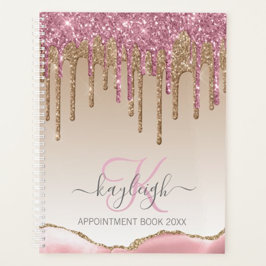Girly Rose Gold Glitzer Tropfen Ombre Monogram 202 Planer (Vorderseite)