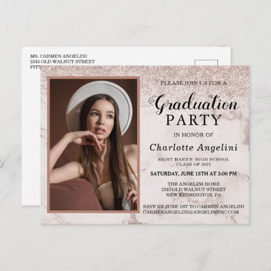 Girly Rose Gold Marble Glitzer Foto Abschluss Postkarte (Vorne/Hinten)