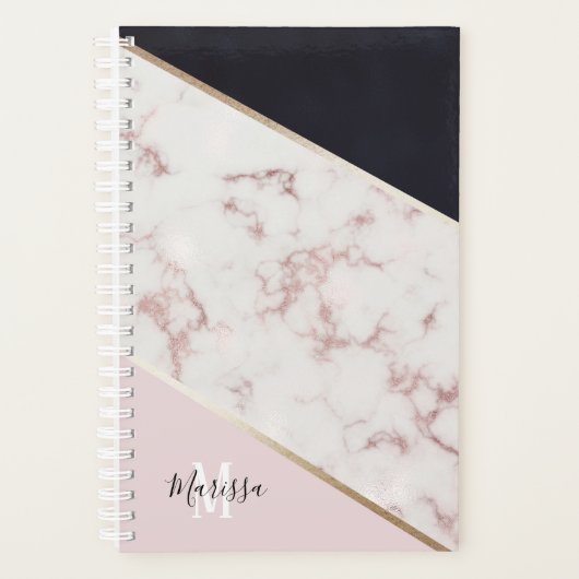 Girly Rose Gold Marmor Abstrakt Monogram Planer (Vorderseite)