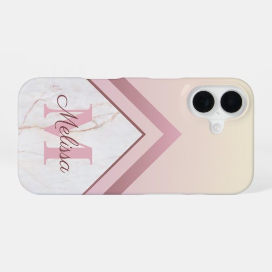 Girly Rose Gold Monogram Geometric Marble iPhone 16 Hülle (Rückseite (Horizontal))