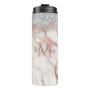Girly Rose Gold Silver Marble Mit Monogramm Name Thermosbecher