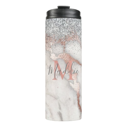 Girly Rose Gold Silver Marble Mit Monogramm Name Thermosbecher (Vorderseite)