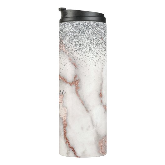 Girly Rose Gold Silver Marble Mit Monogramm Name Thermosbecher (Nach rechts gedreht)