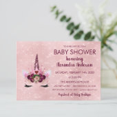 Girly Rose Gold Sparkle Unicorn Kinderdusche Einladung (Stehend Vorderseite)