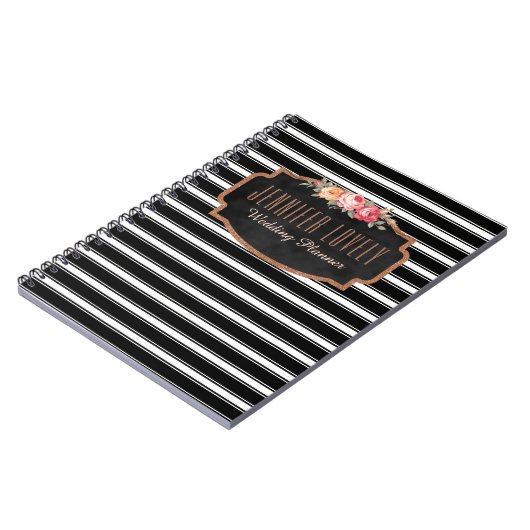 Girly Rosen-Gold B&W Stripes | Ihr Namensmonogramm Notizblock (Linke Seite)