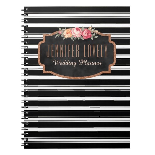 Girly Rosen-Gold B&W Stripes | Ihr Namensmonogramm Notizblock (Vorderseite)