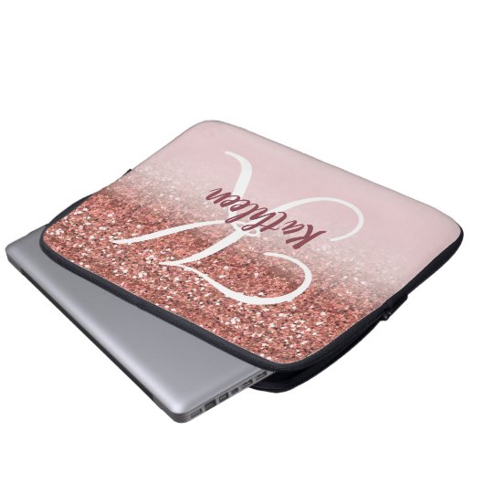 Girly Rosen-GoldGlitzer-Burgunder-Monogramm-Name Laptopschutzhülle (Vorne Knopf)