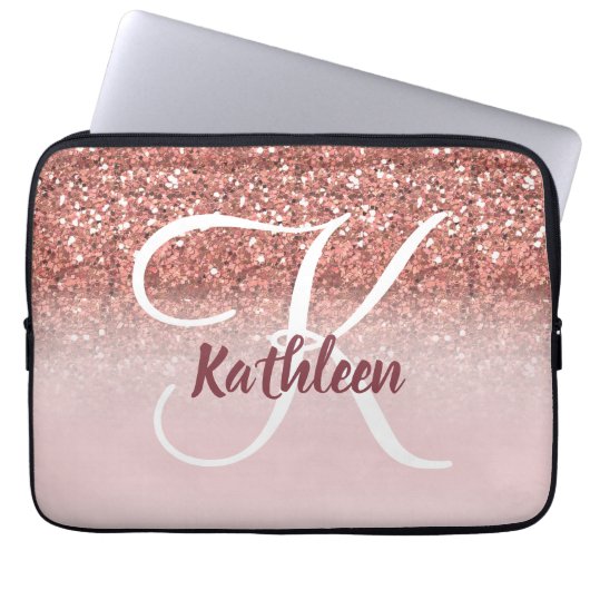 Girly Rosen-GoldGlitzer-Burgunder-Monogramm-Name Laptopschutzhülle (Vorderseite)