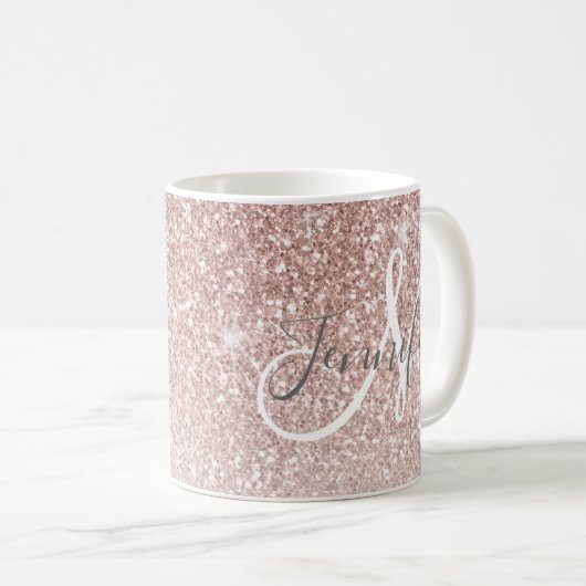 Girly Rosen-GoldGlitzer erröten Monogramm-Name Kaffeetasse (VorderseiteRechts)