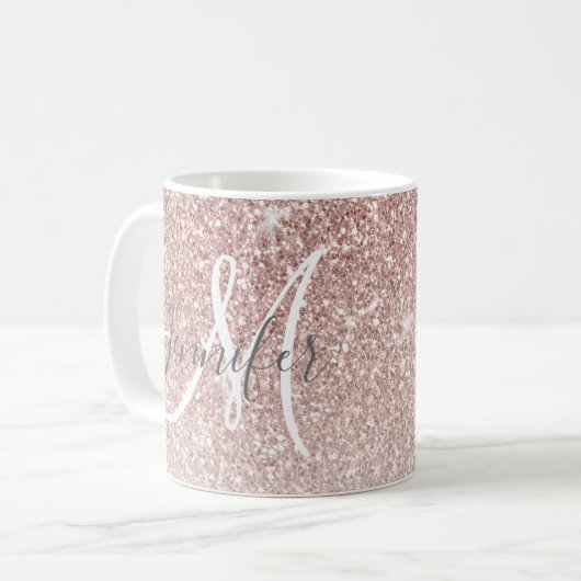 Girly Rosen-GoldGlitzer erröten Monogramm-Name Kaffeetasse (Vorderseite Links)