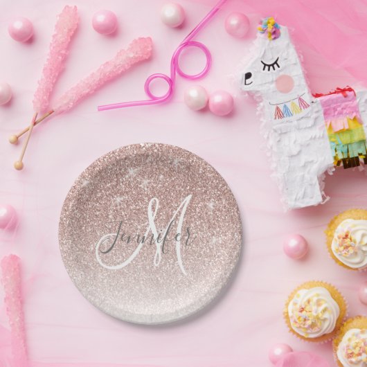Girly Rosen-GoldGlitzer erröten Monogramm-Name Pappteller (Party)