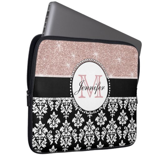 Girly Rosen-GoldGlitzer-Schwarz-Damast mit Laptopschutzhülle (Vorne Rechts)