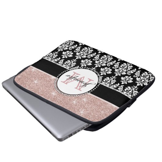 Girly Rosen-GoldGlitzer-Schwarz-Damast mit Laptopschutzhülle (Vorne Knopf)