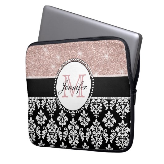 Girly Rosen-GoldGlitzer-Schwarz-Damast mit Laptopschutzhülle (Vorderseite Links)