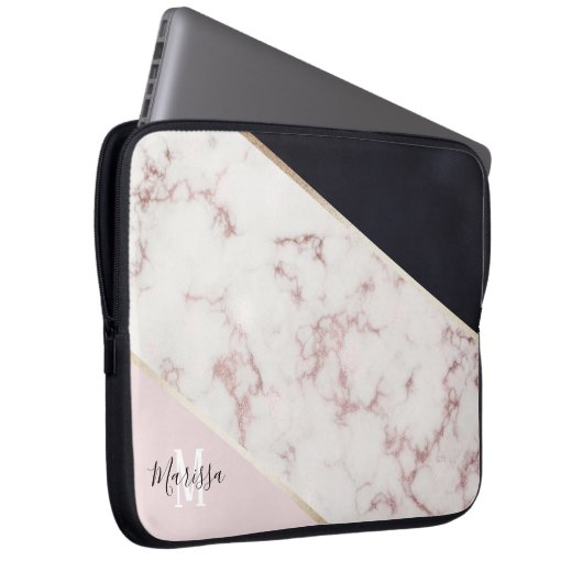 Girly Rosen-Goldmarmor-abstraktes Monogramm Laptopschutzhülle (Vorne Rechts)