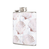 Girly Rosengoldseashellmuster u. weißer Marmor Flachmann (Links)