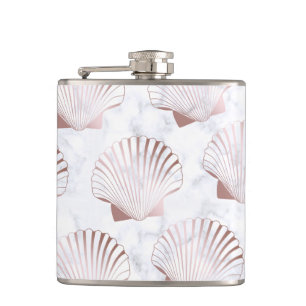 Girly Rosengoldseashellmuster u. weißer Marmor Flachmann