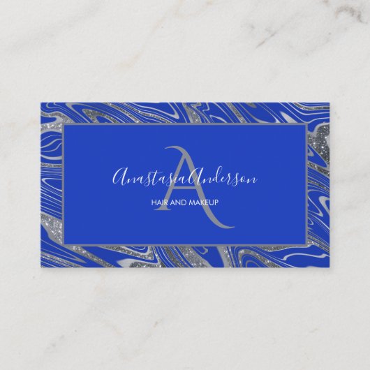 Girly Royal Blue Silver Glitzer Monogramm Visitenkarte (Vorderseite)