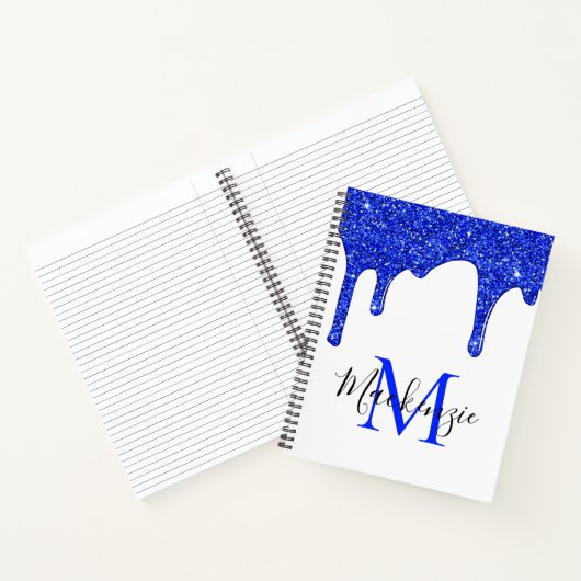 Girly Royal Blue Sparkle Glitter Drips Monogram Notizblock (Innenseite)