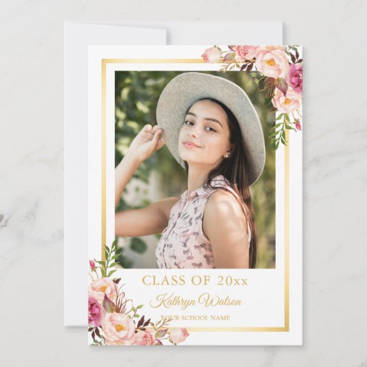 Girly Rustic Floral Gold Foto Graduation Party Einladung (Vorderseite)
