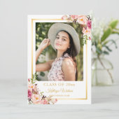 Girly Rustic Floral Gold Foto Graduation Party Einladung (Stehend Vorderseite)