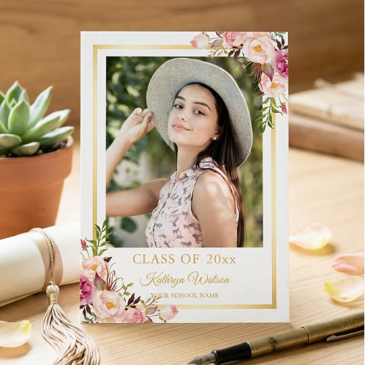 Girly Rustic Floral Gold Foto Graduation Party Einladung