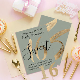 Girly Sage Green Imitats Gold Foil Sweet 16 Einladung