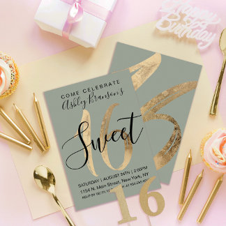 Girly Sage Green Imitats Gold Foil Sweet 16 Einladung