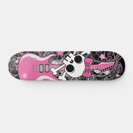 Girly Schädel mit rosa Gitarre Skateboard (Horizontal)