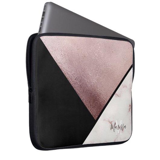 Girly Schwarz-u. Rosen-Goldmarmor-abstraktes Laptopschutzhülle (Vorne Rechts)