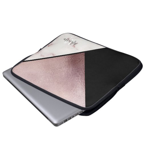 Girly Schwarz-u. Rosen-Goldmarmor-abstraktes Laptopschutzhülle (Vorne Knopf)