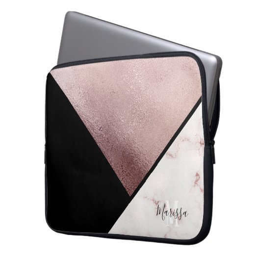 Girly Schwarz-u. Rosen-Goldmarmor-abstraktes Laptopschutzhülle (Vorderseite Links)