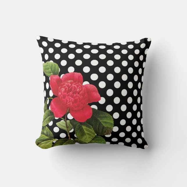 Girly Schwarz-weiß Polka Dots Red Camellia Blume Kissen (Vorderseite)