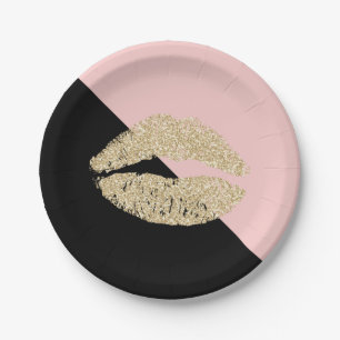 Girly Schwarzes erröten rosa Chic-Glitzer-Lippen Pappteller