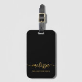 Girly Schwarzes Gold Monogramm Namens Unterschrift Gepäckanhänger (Vorderseite Vertikal)