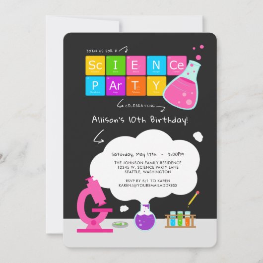 Girly Science Party Einladung (Vorderseite)