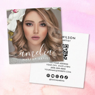Girly Script QR-Code Foto  Quadratische Visitenkarte