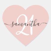 Girly Signature Personalisiert Number 21 Blush Herz-Aufkleber (Vorderseite)