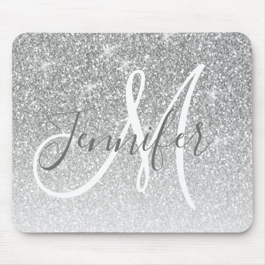 Girly Silber Glitter Funkeln Grau Monogramm Name Mousepad (Vorne)