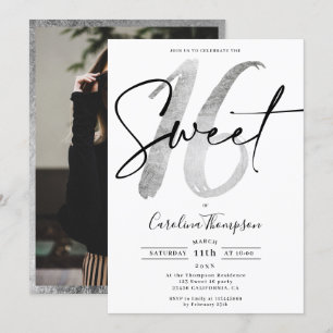 Girly Silber Randskript Foto Sweet 16 Einladung