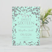 Girly Silver Foil Confetti 16 . Geburtstag Mint Einladung (Stehend Vorderseite)