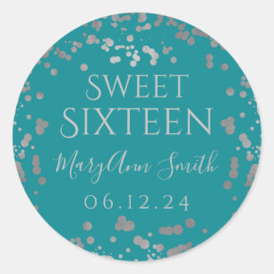 Girly Silver Foil Confetti Sweet Sixteen Teal Runder Aufkleber