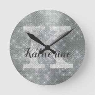 Girly Silver Glitter Sparkle Glam Monogram Name Runde Wanduhr