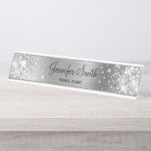 Girly Silver Glitzer and Foil Schreibtischnamensplakette (Vorderseite )