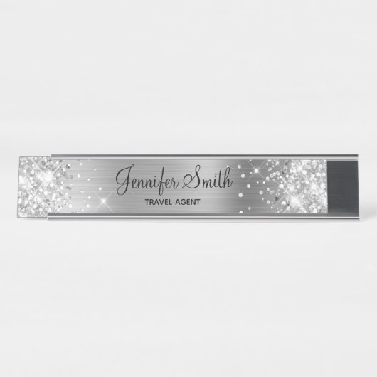 Girly Silver Glitzer and Foil Schreibtischnamensplakette (Vorderseite )