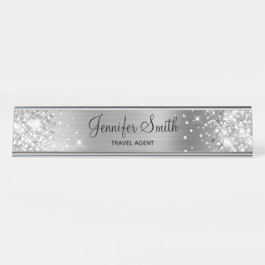 Girly Silver Glitzer and Foil Schreibtischnamensplakette (Vorderseite )