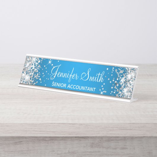Girly Silver Glitzer Azure Gradient Schreibtischnamensplakette (Vorderseite )